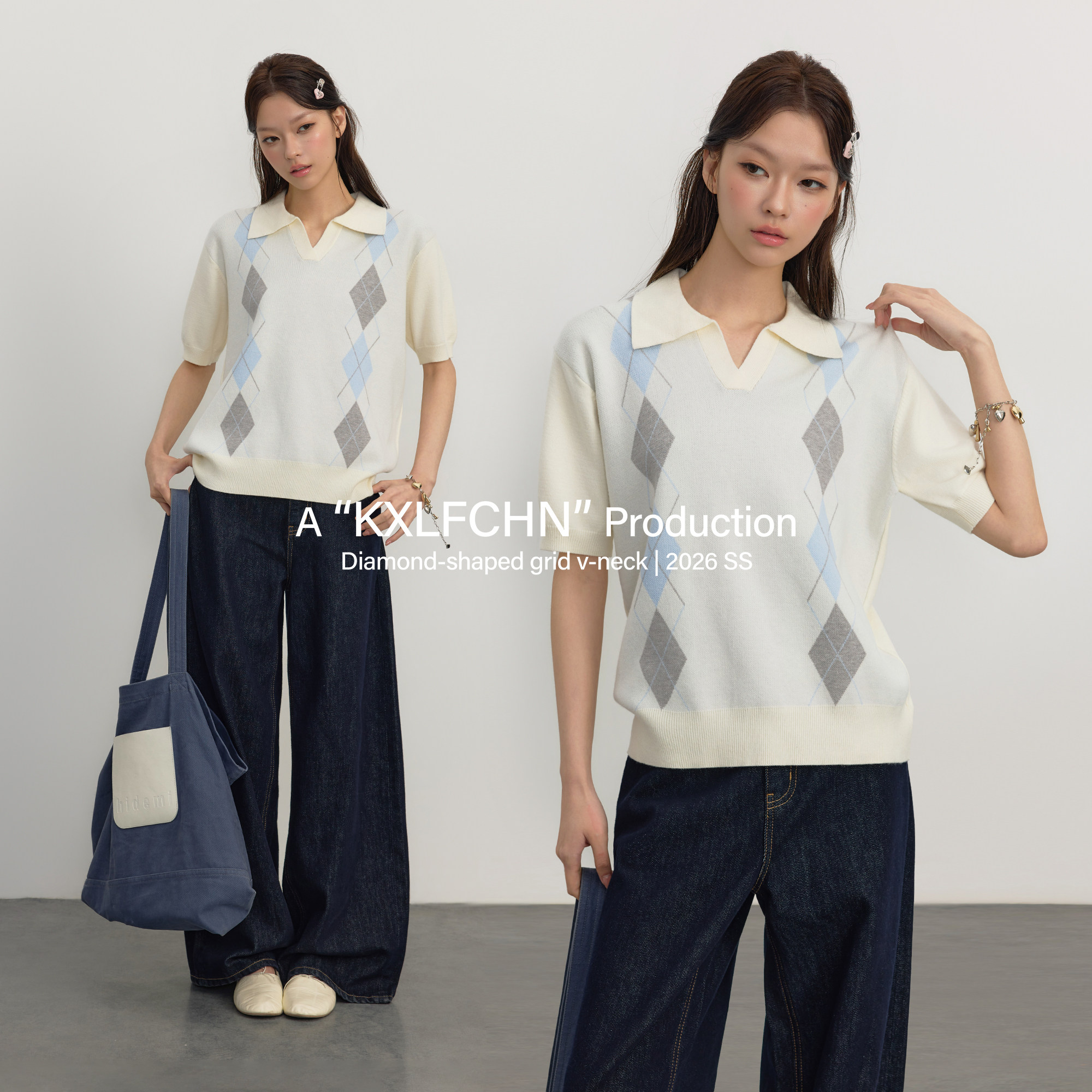 KXLFCHN空穴来风 双色菱格polo领女夏上衣 宽松针织休闲短袖T恤图片