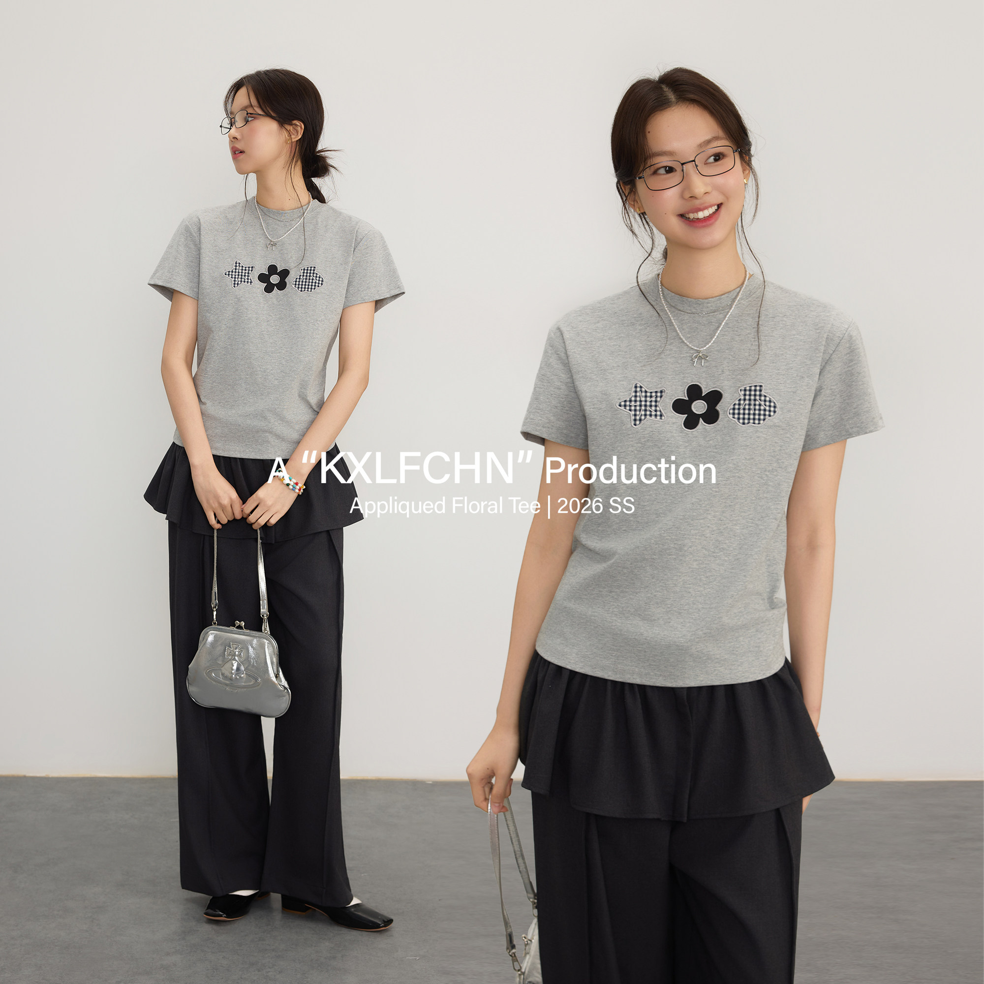 KXLFCHN空穴来风 宽松休闲贴布绣小花简约百搭纯色短袖上衣T恤女