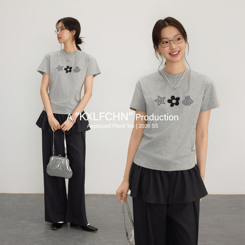 KXLFCHN空穴来风 宽松休闲贴布绣小花简约百搭纯色短袖上衣T恤女