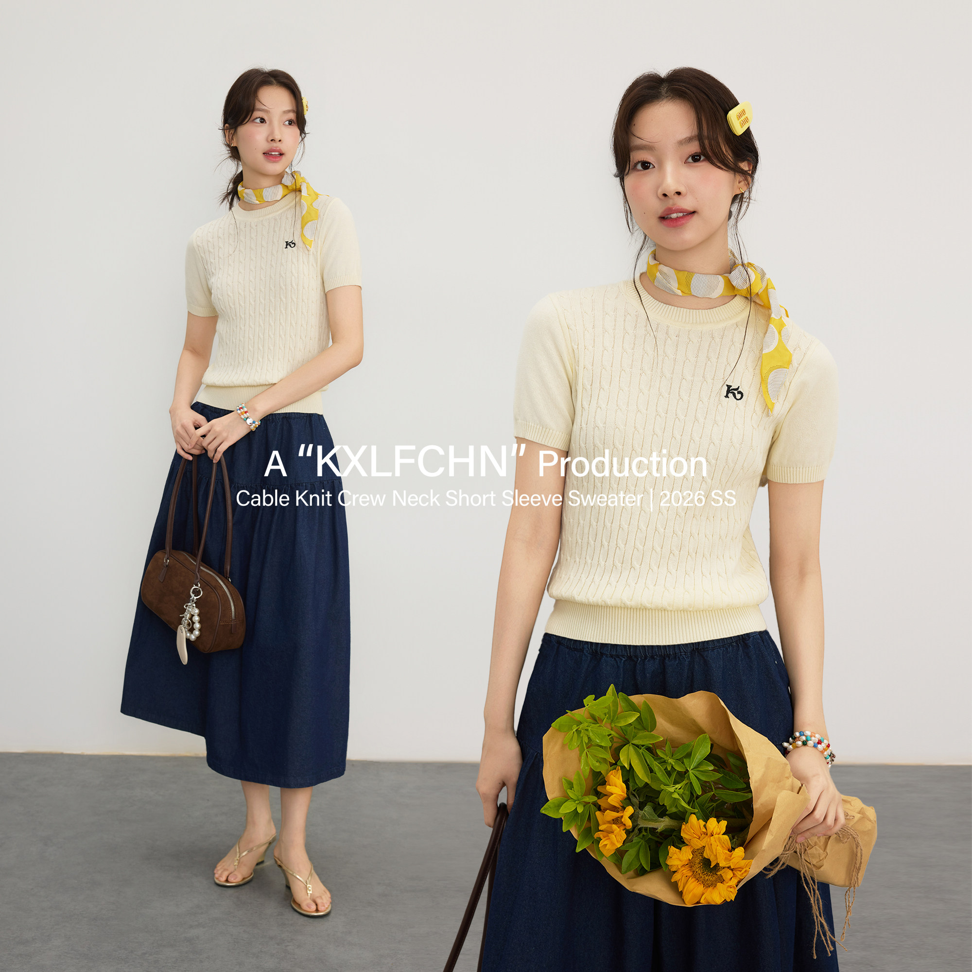 KXLFCHN空穴来风 夏季绞花针织女上衣圆领显瘦休闲款日常短袖T 恤图片