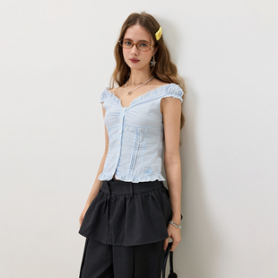 KXLFCHN 空穴来风V领荷叶边背心衬衫上衣格纹小飞袖短袖女夏季