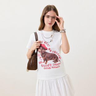 KXLFCHN空穴来风 画家帽腊肠狗tee宽松休闲复古百搭上衣T恤女 夏季