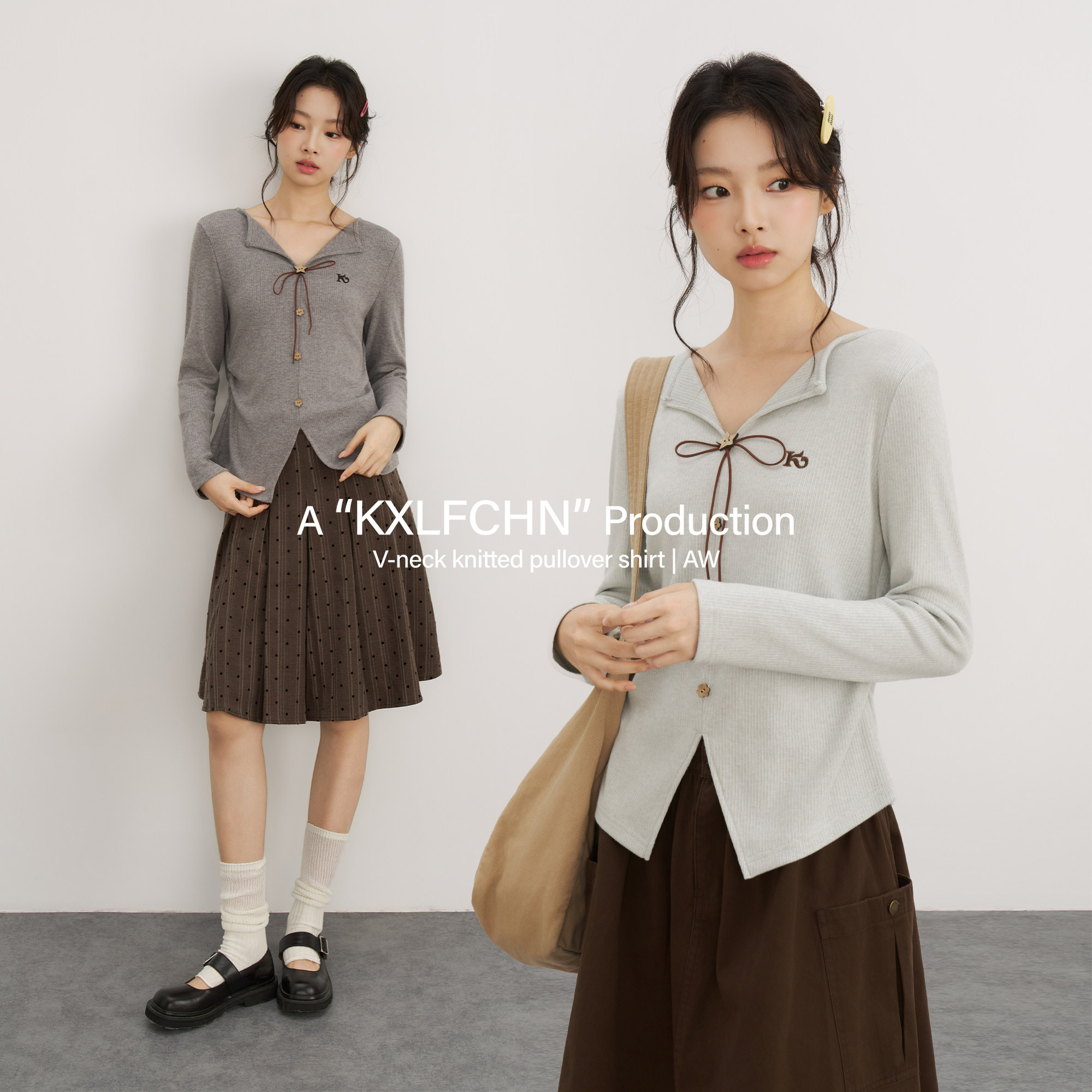 KXLFCHN空穴来风  秋季新款假门襟小V领针织套头衫修身翻领女上衣图片