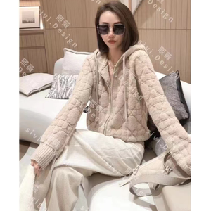 欧货高定几何图案洋气毛衣女2023秋冬设计感连帽拉链加厚针织外套