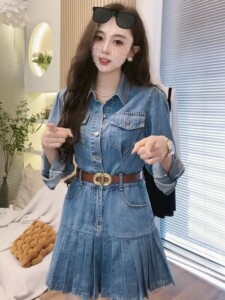 法式西装领牛仔连衣裙女2023夏季新款不规则高级感高腰显瘦A字裙