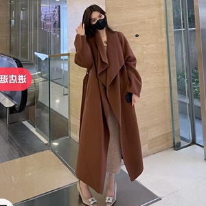 欧货高级感长款双面毛呢外套女秋冬慵懒风气质系带名媛加厚大衣女