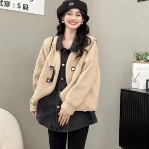 欧货时尚加厚套装女秋冬设计感牛仔拼接羊羔毛绒马甲保暖真两件套