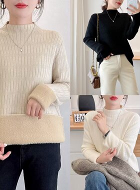 大码女装秋冬胖mm一体绒加厚半高领保暖针织衫百搭毛衣上衣6609