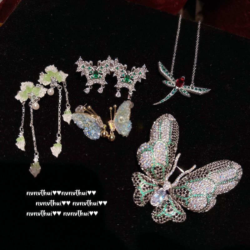 奥地利复古 枯叶蝴蝶宝石胸针 Vintage 鸢尾花瓣水晶耳环 套装