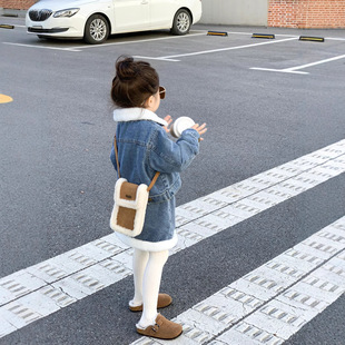 豆丁工坊女童秋冬款韩版短款牛仔羊羔绒外套+内里绗缝夹棉牛仔