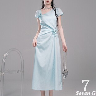 新清冷小姐姐冷萃青蓝不对称扭结气质收腰连衣裙KL2013 SEVEN