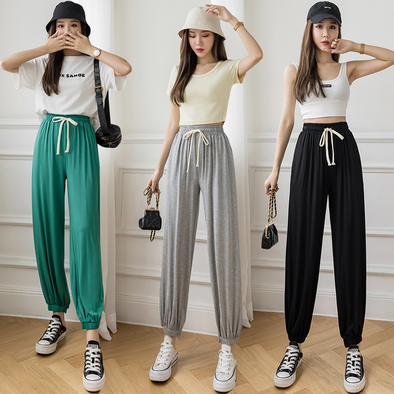 Solid ice ice pants, women's summer thin nine points, lanterns and trousers, loose legs, facial mask pants, casual cool pants.
