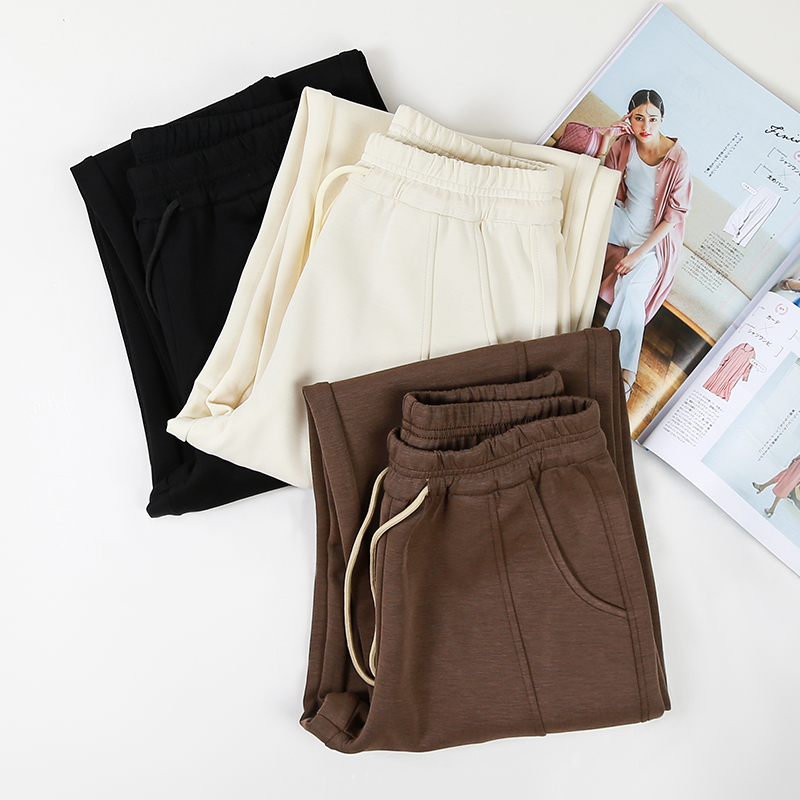 施雅日本秋季绑带休闲日系阔腿裤九分高腰加厚秋裤纯色柔软女裤