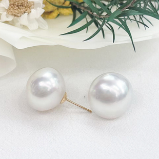 施雅日本澳白馒头海水珍珠大点位15mm近圆微瑕18k金耳钉极光高级