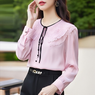 30年知名品牌蕾丝刺绣娃娃领雪纺衬衫 M魅系列25秋装 丽新折扣女装