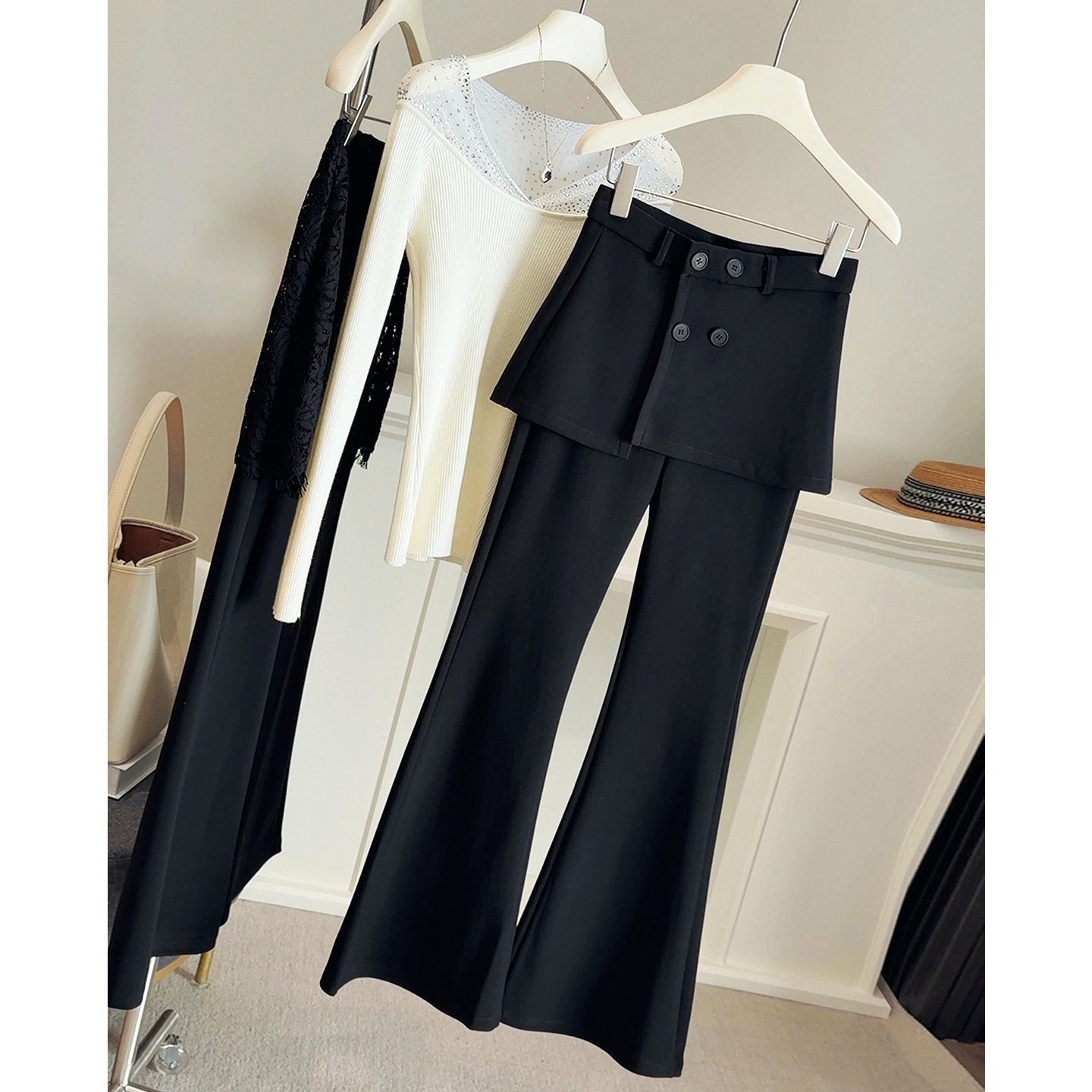 D丽新折扣 黑色假两件屁帘微喇裤弹力高腰遮肉显瘦裙裤拖地喇叭裤,女装/女士精品,休闲裤,淘宝优惠券,粉丝福利购,淘宝优惠卷