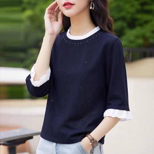 丽新折扣女装 M魅系列26春装30年老品牌高端木耳边钉珠中袖上衣