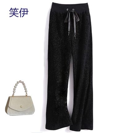 丽新折扣女装 当季新款春夏款亮丝金丝绒阔腿裤高腰裤子休闲长裤