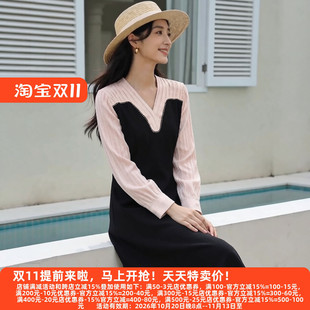 丽新折扣女装 M魅 系列26秋装30年老牌高雅V字领钉珠撞色连衣裙