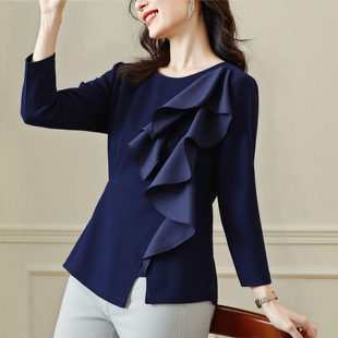 丽新折扣女装 30年老品牌高端荷叶边下摆开叉上衣 M魅系列26春装