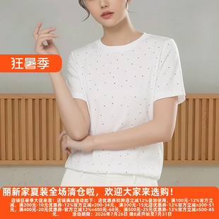 丽新折扣女装 M魅系列26夏装30年高档老牌委婉烫钻后蕾丝宽松T恤