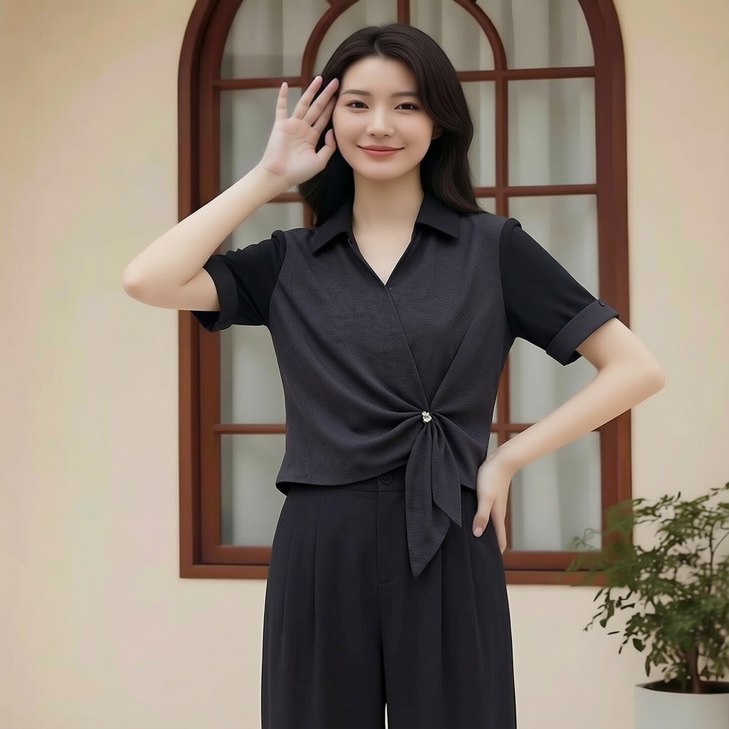 丽新折扣女装 M魅系列26夏装30年高档老牌委婉独个性腰部雪纺衬衫