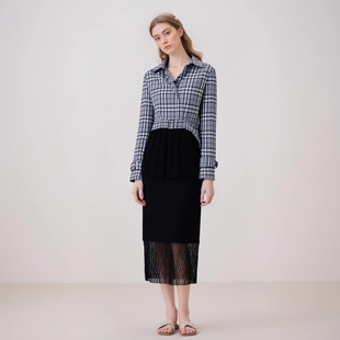 丽新折扣女装 年轻都市女性网纱格子拼接连衣裙 P飘系列25秋冬新款