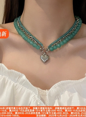 多层绿色爱心不规则吊坠项链