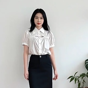 丽新折扣女装 P飘25系列 夏装自信独立时代女性翻领镂空短袖衬衫