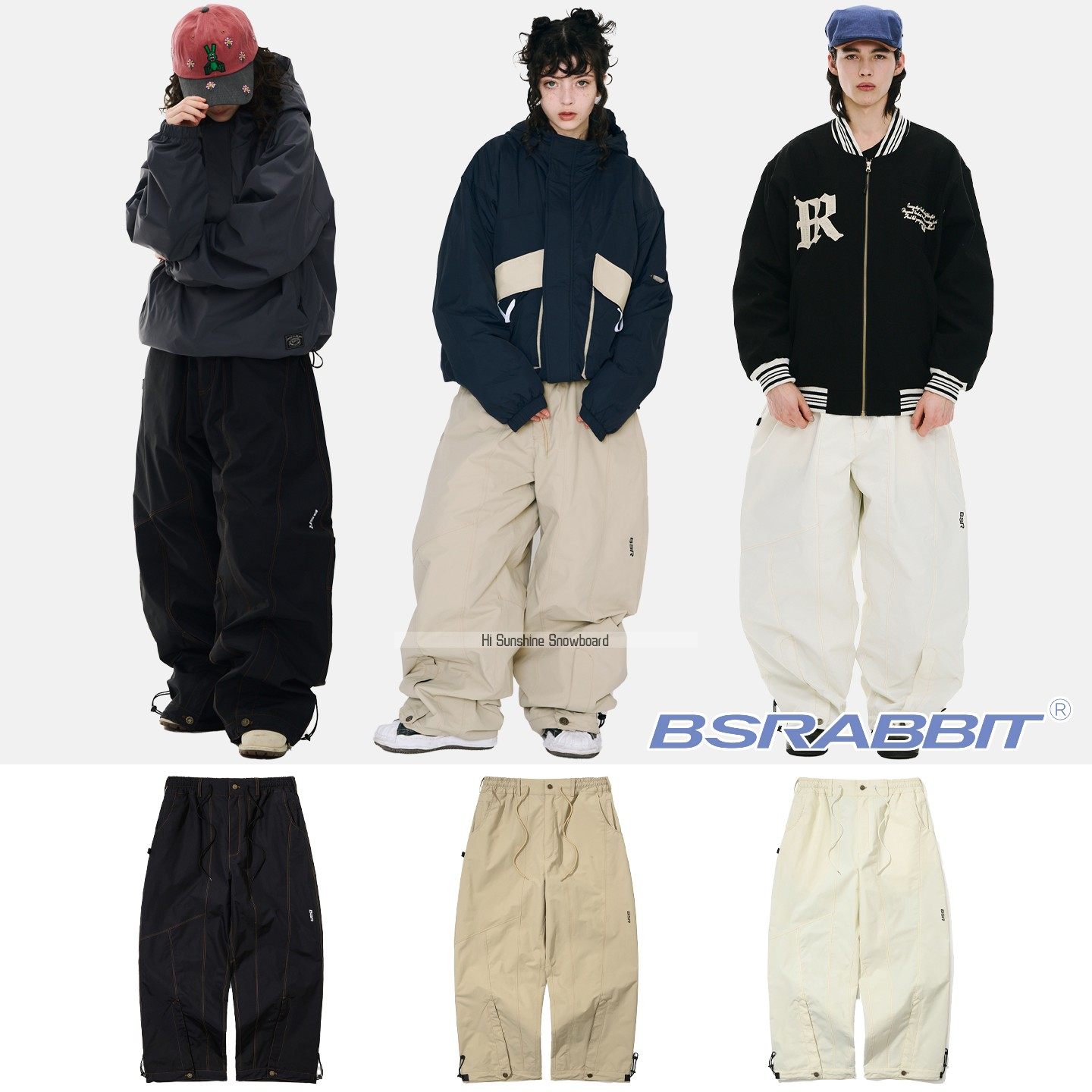 2526BSRABBIT韩国滑雪裤单板双板男女防水透气黑米拼色可收腿雪裤