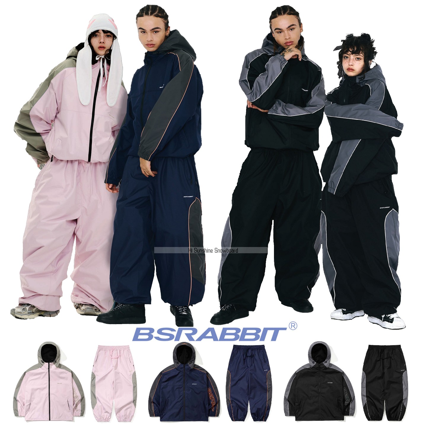 2526BSRABBIT韩国滑雪服单双板男女防水风拼色连帽开衫上衣收腿裤