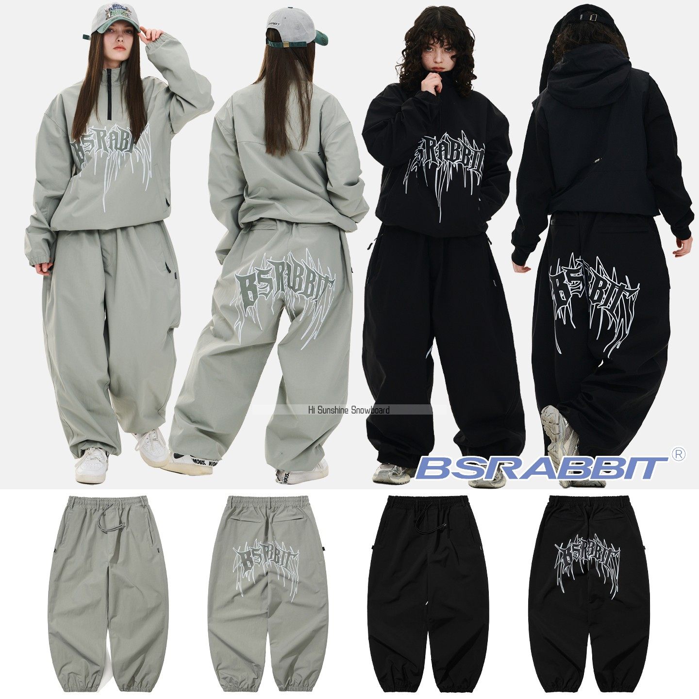 2526BSRABBIT韩国滑雪裤单板双板男女防水透气黑色灰字母收腿雪裤