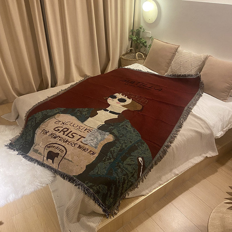美式小毯子床上用ins风午睡盖毯人物涂鸦露营休闲毯沙发巾多用途