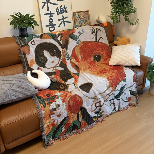 卡通动物图案小毯子沙发盖毯流苏