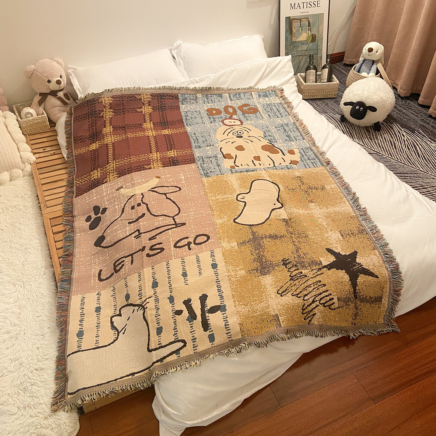 撞色卡通图案小毯子床上用办公室午睡毯沙发盖布毯流苏边针织休闲