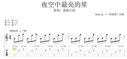 一诺改编指弹《夜空中最亮的星》吉他谱 - 封面