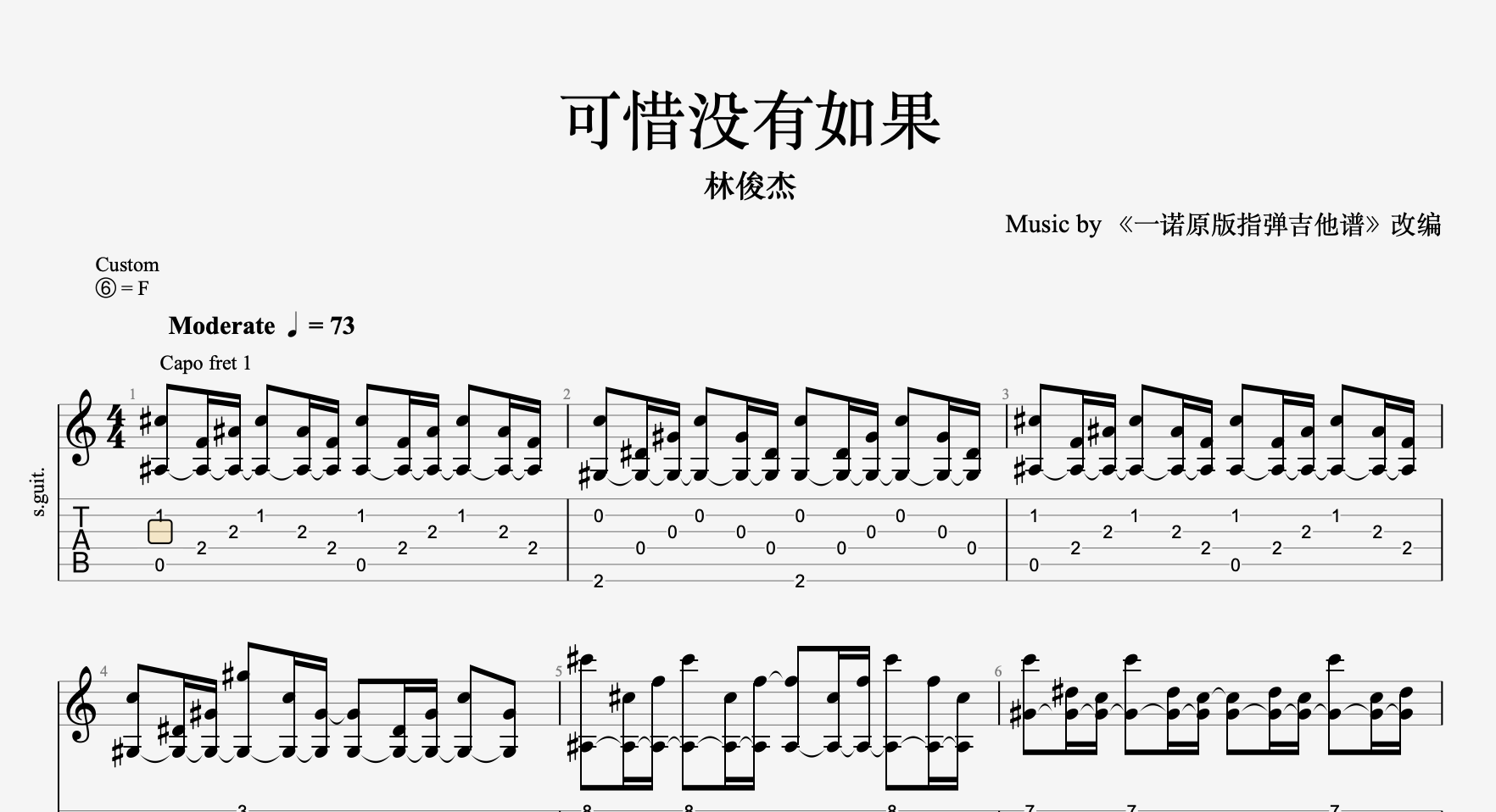 一诺改编指弹《可惜没如果》吉他谱 乐器/吉他/钢琴/配件 五线谱电教板 原图主图