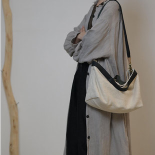 庸庸文艺棉麻手提斜挎包复古高级感撞色单肩女包休闲通勤托特包