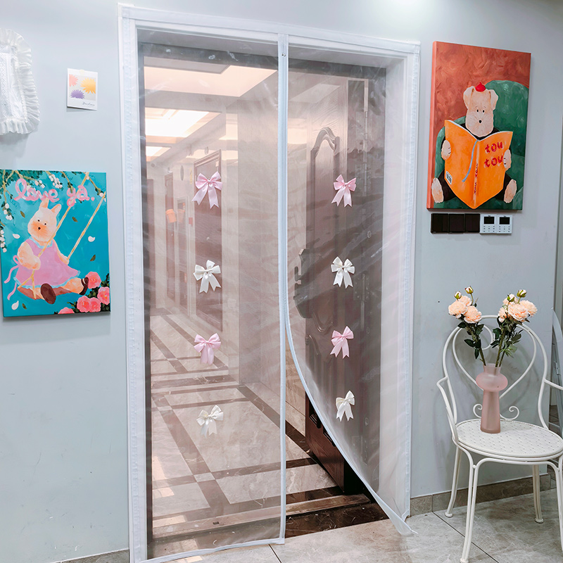 粉色蝴蝶结防蚊门帘魔术贴免打孔安装防蝇纱窗纱门自粘磁吸公主风