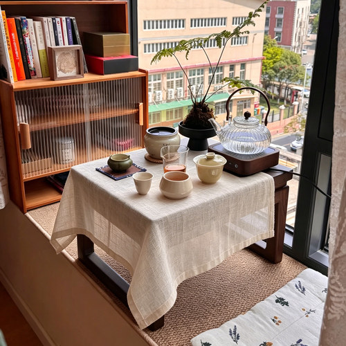 中式纯色棉麻纱飘窗茶几盖布禅意桌旗亚麻素色餐桌布茶艺宋式美学