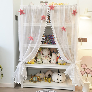 可爱书柜遮丑帘绘本架防尘帘梦幻帘挡灰穿杆帘装饰纱帘厨房半帘