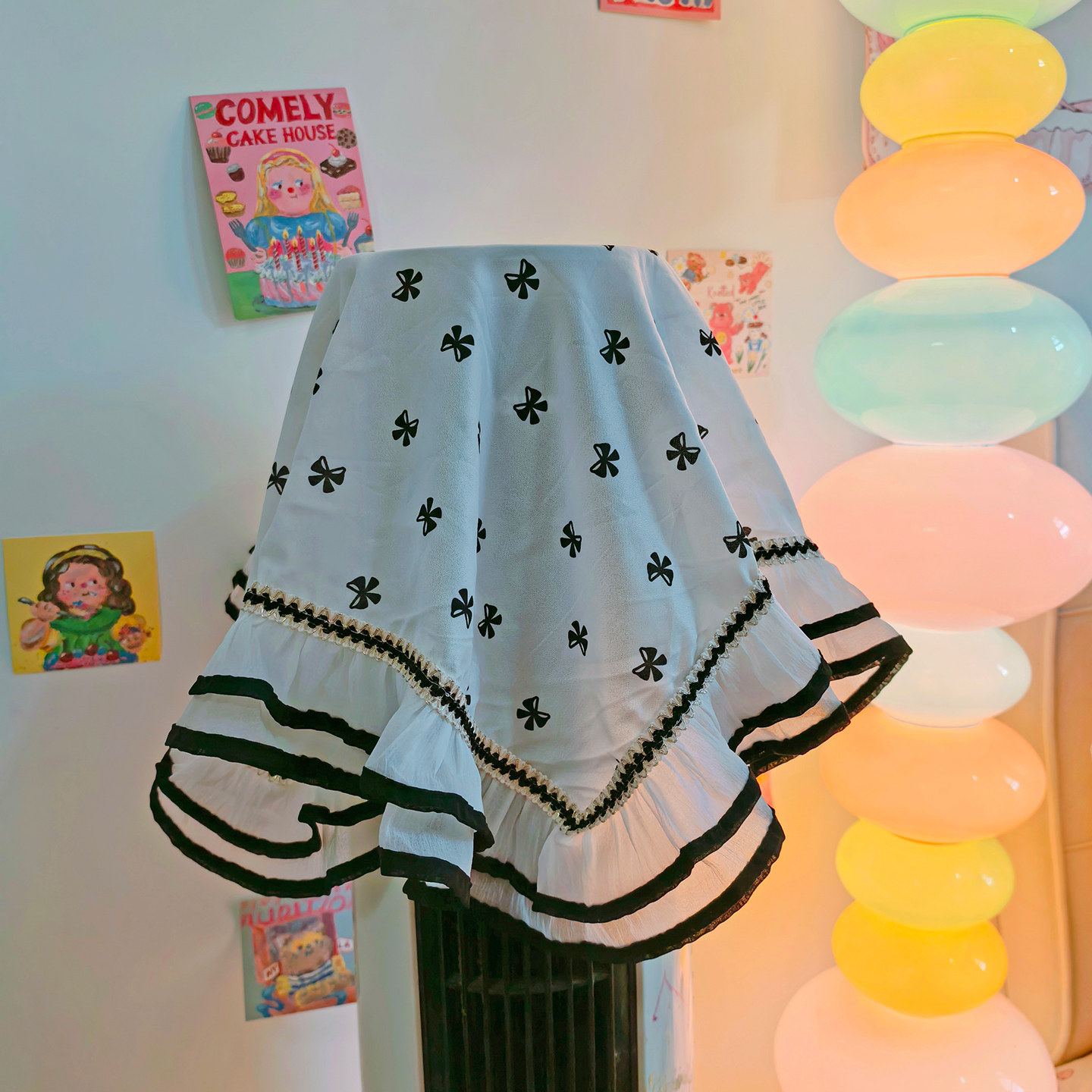 赫本风黑色蝴蝶结印花柜机空调遮丑装饰防护罩防尘罩轻奢高级感