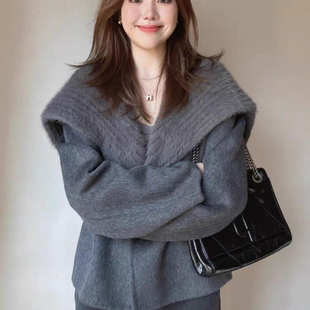 韩系宽松蓝绿色上衣外搭针织衫 女秋季 外套女 50号温柔风小众开衫