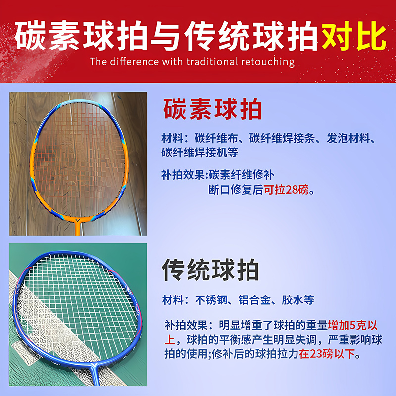 修羽毛球拍修复修补网球断拍断口碳素专业维修换手柄中杆穿线服务