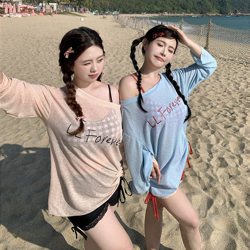 大码泳衣女分体三件套防晒遮肚显瘦200斤胖mm平角抽绳宽松外罩衫