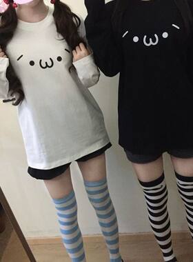 亚文化呆萌颜文字印花闺蜜装上衣打底宅系男女视觉系长袖t恤春秋