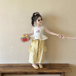 上衣2025夏季 长裤 新款 儿童工装 中小童宝宝荷叶边吊带衫 女童韩版