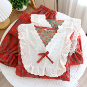 家居服蔷薇提花高档甜美风睡衣套装 春秋季 女士纯棉纱布长袖 睡裙