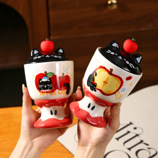 高颜值生日礼物苹果猫咪高脚杯创意陶瓷马克杯带盖女生伴手礼礼盒