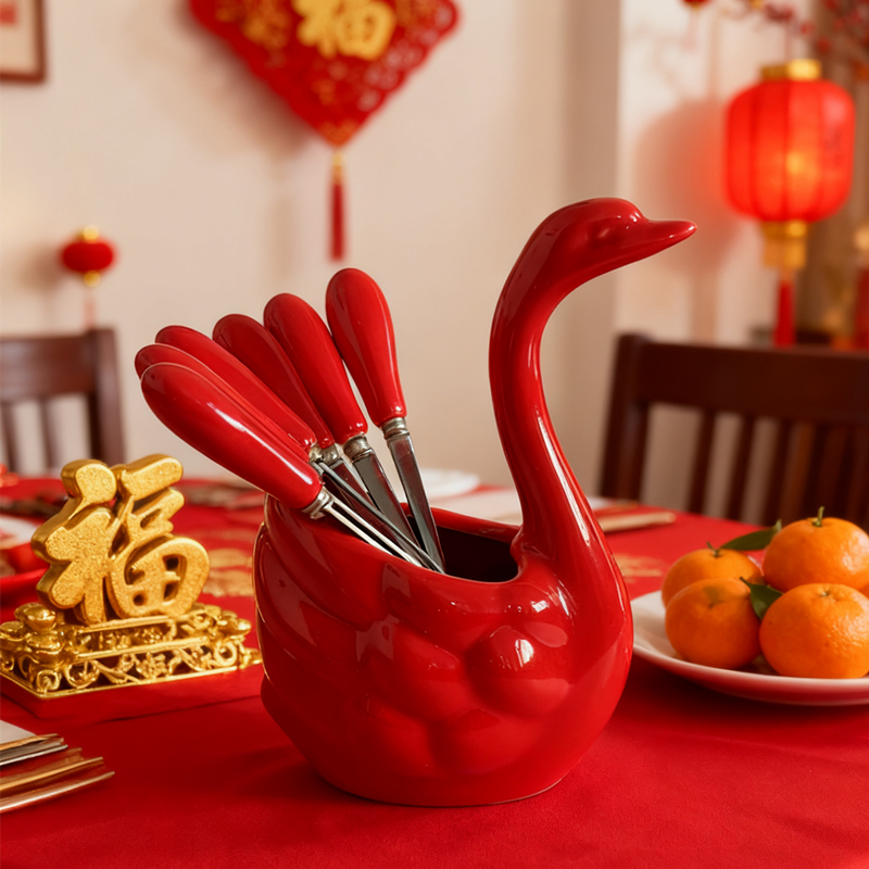 【红色天鹅】高颜值陶瓷水果叉套装釉下彩果叉甜品叉304不锈钢叉